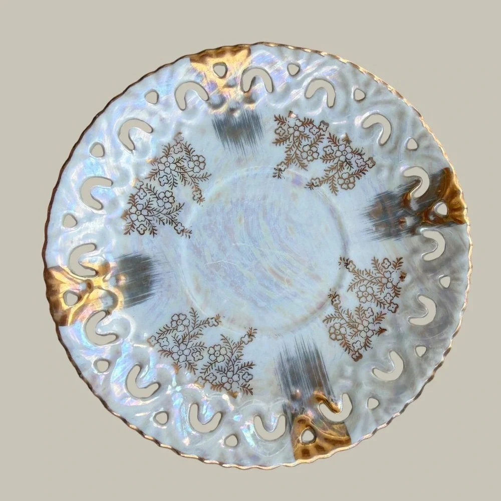 Vintage Iridescent Lusterware Footed Teacup and Pierced Reticulated Saucer Set